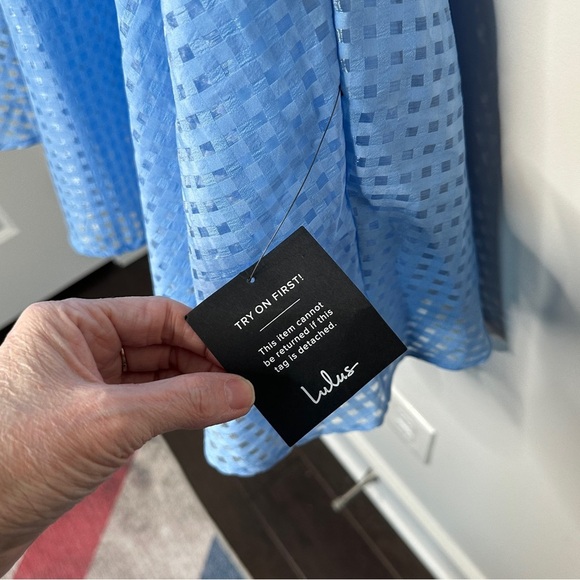 Lulu’s NWT Forever Darling Blue Gingham‎ Burnout Tie-Strap Mini Dress Size XL - Picture 10 of 15